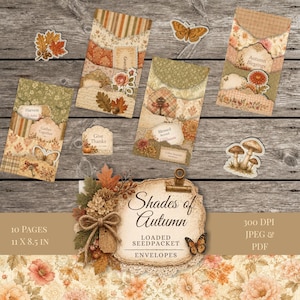 May include: A digital collection of autumn-themed paper craft elements including four decorative envelopes, die-cut stickers of leaves, mushrooms, and a butterfly, and a title card reading Shades of Autumn Loaded Seedpacket Envelopes.