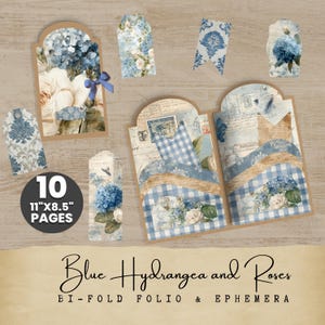 Pode incluir: Uma coleção de efêmeras de papel com tema floral. O conjunto inclui etiquetas, um folheto dobrável e elementos decorativos com hortênsias azuis e rosas. O texto na imagem diz "Blue Hydrangea and Roses" e "11"X8.5" PAGES".