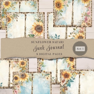 May include: Eight digital pages of a sunflower themed junk journal. The pages feature a distressed background with a leopard print border and watercolour sunflowers.