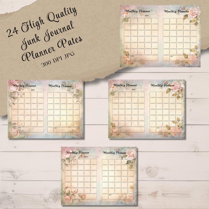 Undated Junk Journal Planner, Floral Whispers Vintage Printable Kit, 24 ...