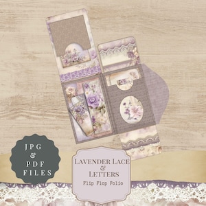 May include: A handmade flip flop folio with a lavender lace and floral design. The folio is open, revealing multiple pockets and decorative elements. The text "Lavender Lace & Letters" is displayed on the front, along with "JPG & PDF FILES".