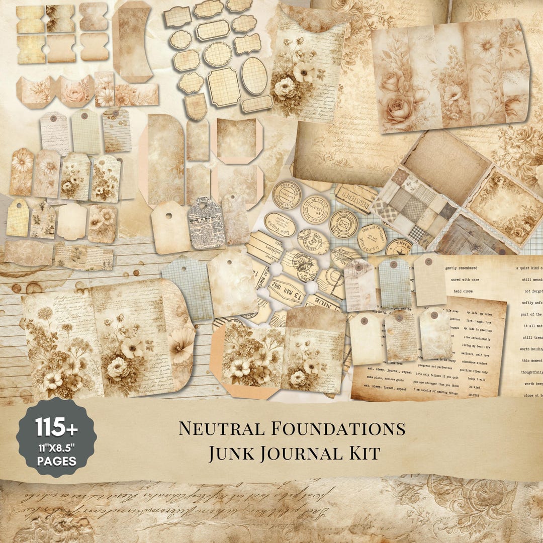 Neutral Junk Journal Kit Vintage Ephemera Papers Tags Pockets Printable ...