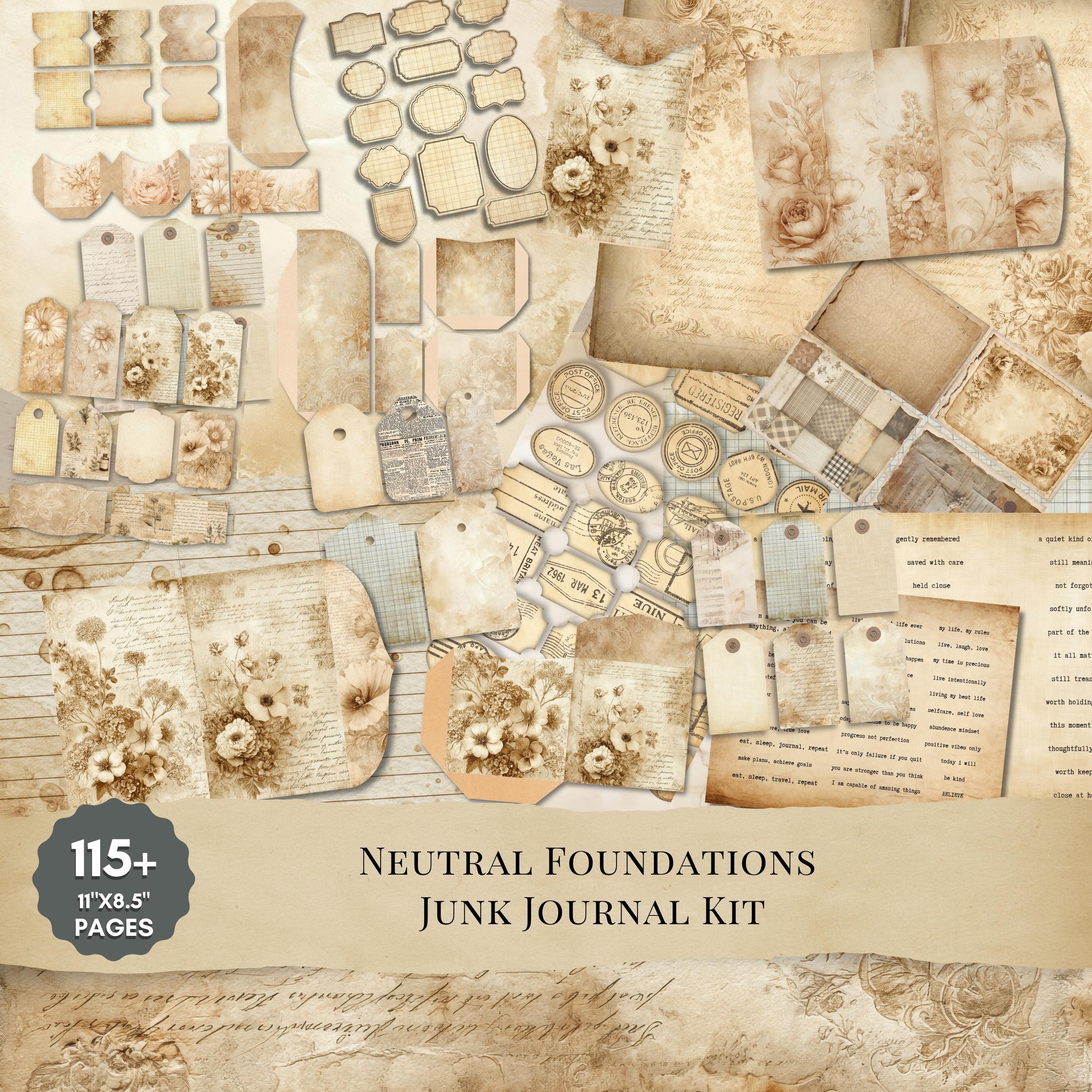 Neutral Junk Journal Kit Vintage Ephemera Papers Tags Pockets Printable ...