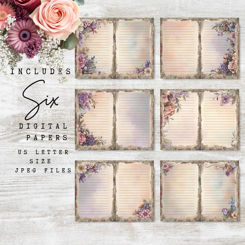 Vintage Floral Lined Journal Pages: Printable Paper DD01 - Etsy
