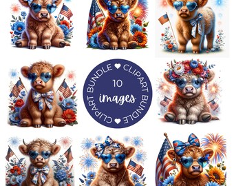 Vaca patriótica de las Tierras Altas, clipart del 4 de julio, paquete de sublimación de vaca linda, vaca bebé de EE. UU., Día de la Independencia, PNG rojo, blanco y azul, descargar