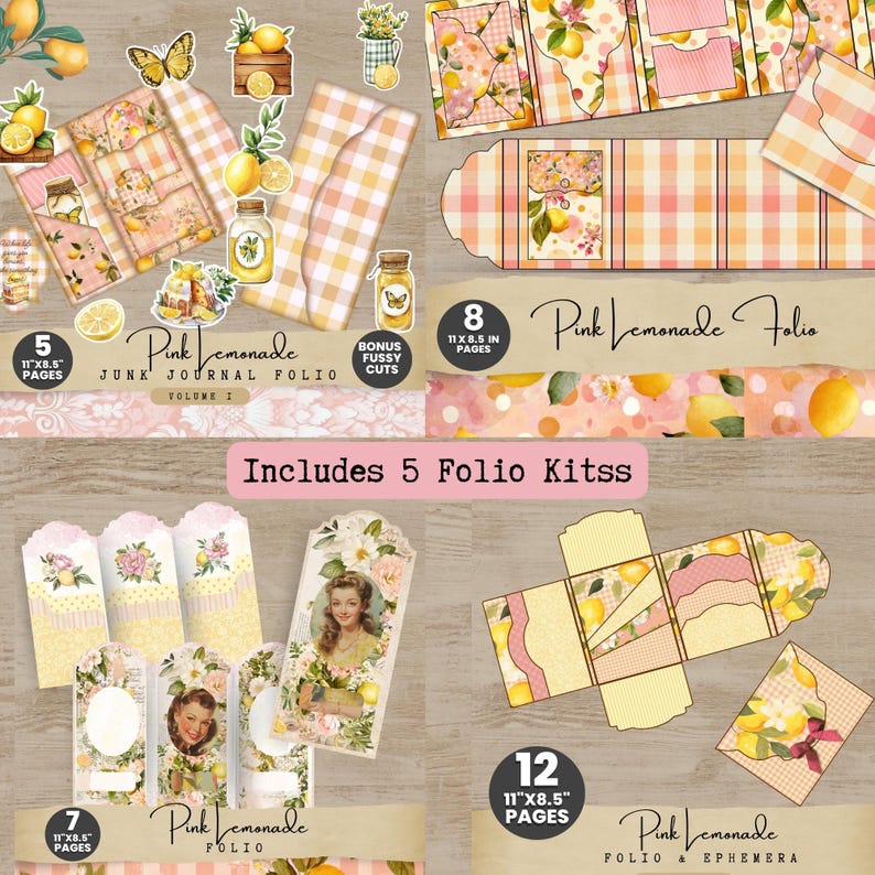 The image is a collage of various images related to the theme of pink lemonade, including a jumble of pink lemonade-themed items such as boxes, folders, and stickers, as well as images of people and flowers.