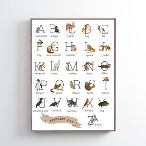 Arte de pared de vivero imprimible / Alfabeto de animales juguetones / Pared de la sala de juegos / Cartel del alfabeto animal Boho Baby Nursery Decor Nuevo regalo de baby shower