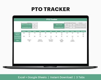 May include: A laptop screen displaying a PTO tracker spreadsheet with a green and white color scheme. The spreadsheet is titled "PTO Tracker" and includes columns for each month of the year. The spreadsheet also includes a section for "PTO Balance", "Remaining PTO", and "Floating Holidays".