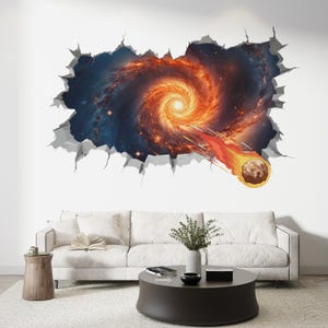 May include: A wall sticker showing a galaxy and a meteor breaking through a wall. The artwork depicts a swirling galaxy in orange, yellow, and blue, and a fiery meteor. The sticker is designed to create a 3D effect, adding depth to the room.