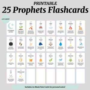 25 cartes-éclair numériques PDF des prophètes de l'Islam - Cartes d'apprentissage islamiques imprimables pour les enfants et les anciens, Cartes-éclair de ressources éducatives musulmanes