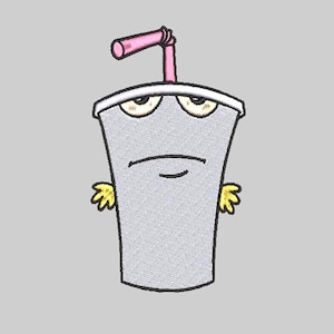May include: A cartoon illustration of a milkshake cup with a grumpy expression. The cup is grey with a white rim, yellow hands, and a pink straw. The eyes are yellow with black outlines.