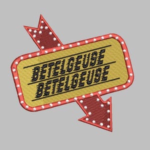 May include: A red and white sign with a yellow background and the text "Beetlejuice" repeated twice. The sign has two red arrows pointing in opposite directions.
