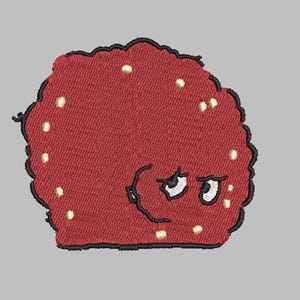 May include: Embroidered patch featuring a red, cloud-like shape with a grumpy face. The design includes small yellow dots and a black outline, creating a whimsical and expressive character. Perfect for jackets, bags, or other fabric items.