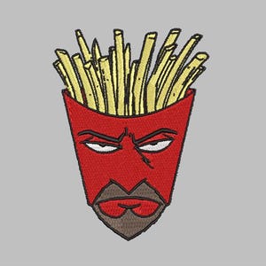 May include: Embroidered patch featuring a red french fry container with an angry face design. The container is filled with yellow french fries. The design includes white eyes, a brown goatee, and red lips.