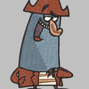 Peut inclure: Un pirate de dessin animé avec un corps bleu, un chapeau brun et une veste rouge. Il a un gros nez et un sourire malicieux.