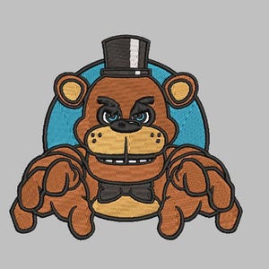May include: Embroidered patch of a brown bear wearing a black top hat with a white band. The bear has a menacing expression and is reaching out with both paws. The background is a blue circle.
