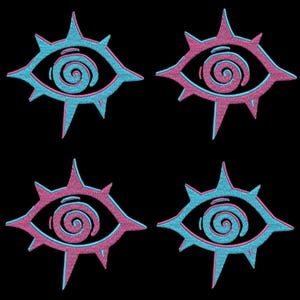 May include: Four stylized eyes with a spiral design, two are pink with a blue outline and two are blue with a pink outline. The eyes are set against a black background.
