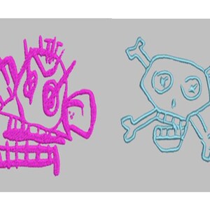 May include: An embroidery design featuring a bright pink stylized monkey face on the left and a light blue skull and crossbones on the right. Both designs are rendered in a simple, hand-drawn line style with visible thread texture throughout.