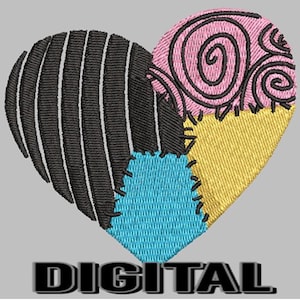 Könnte beinhalten: Gesticktes Herzdesign mit schwarzen, rosa, gelben und blauen Abschnitten. Der schwarze Abschnitt hat vertikale Linien, der rosa Abschnitt hat Wirbel, und die blauen und gelben Abschnitte sind zusammengenäht. Das Wort "DIGITAL" steht unten.