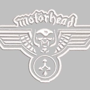 May include: Embroidered patch featuring the word "Motörhead" above a skull with wings and a circular emblem. The design is in white thread on a gray background, suitable for jackets or bags.