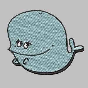 Peut inclure: Une baleine bleu clair avec des yeux noirs et un sourire. La baleine a une petite nageoire caudale.