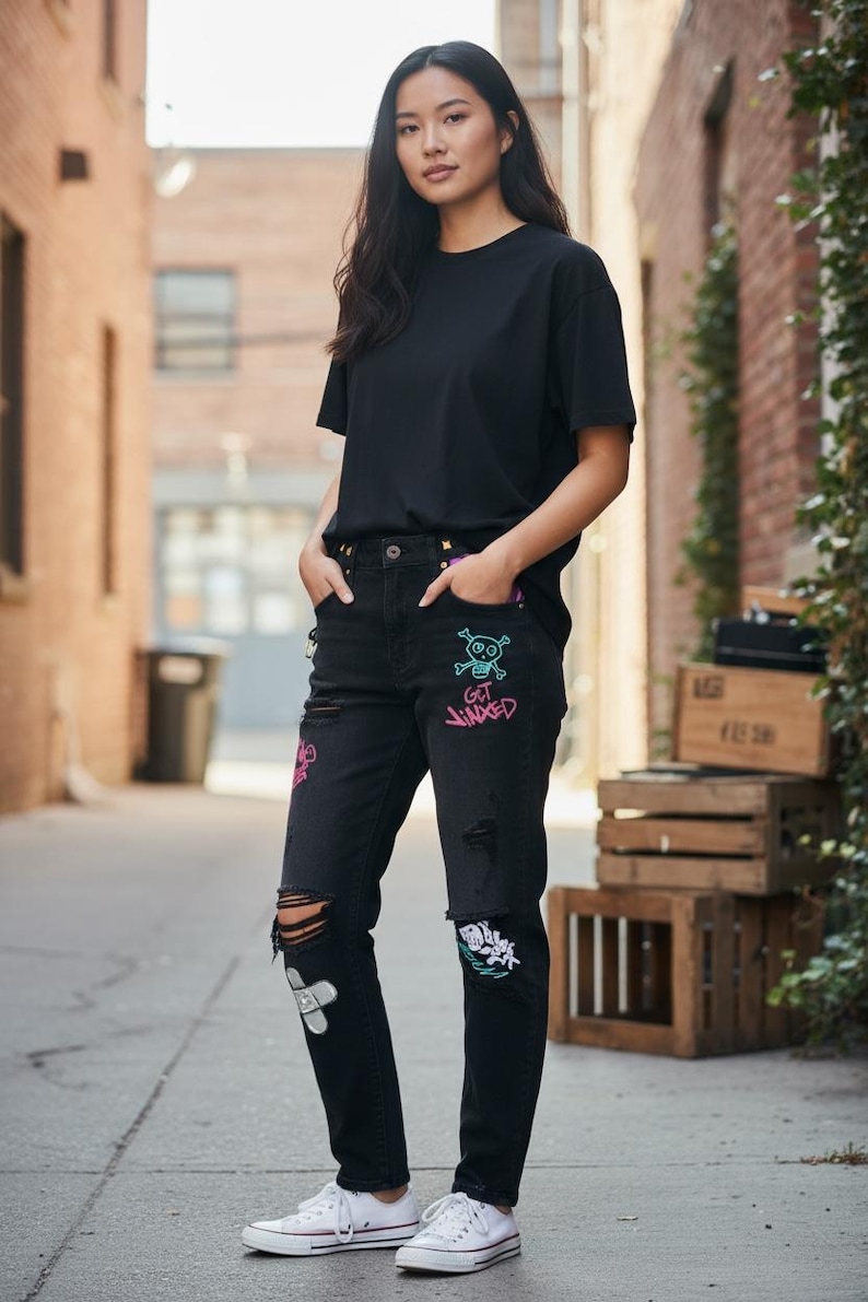 Puede incluir: Camiseta negra y vaqueros negros desgastados con parches coloridos de calaveras y flores. Los vaqueros tienen rodillas rasgadas y se combinan con zapatillas blancas. El texto "GET JINXED" es visible en los vaqueros.