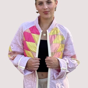 Quilted Bomber Style Jacket Made from a Vintage Satin Hand Stitched Quilt image 3