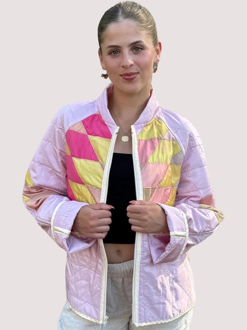 Quilted Bomber Style Jacket Made from a Vintage Satin Hand Stitched Quilt image 3