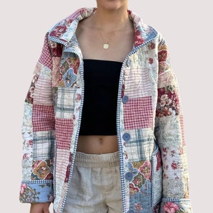 Reversible Button Up Chore Coat with Collar Made from a Vintage Patchwork Quilt image 4