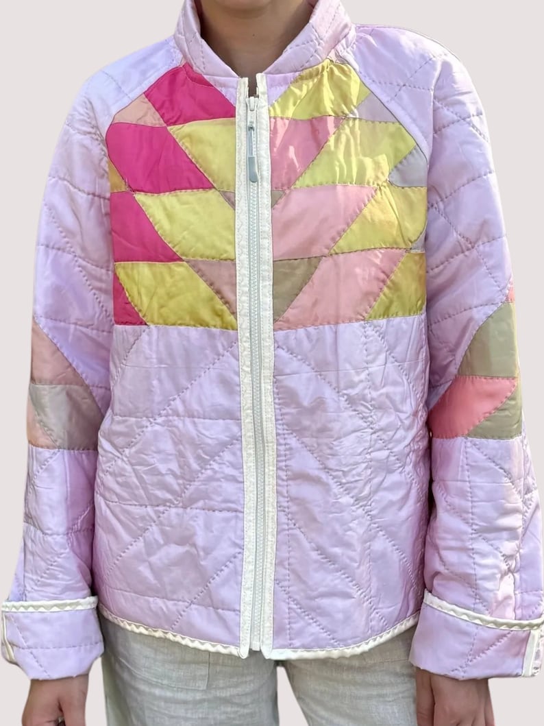 Quilted Bomber Style Jacket Made from a Vintage Satin Hand Stitched Quilt image 6