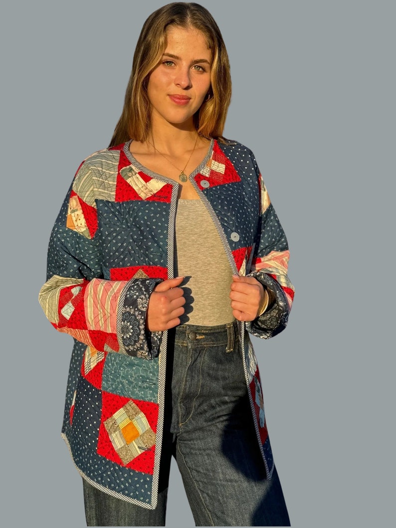 Patchwork Quilted Button up Jacket Made from a Vintage Quilt Top Bild 1