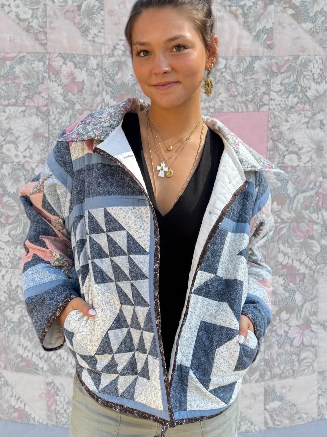 Women Retro Corduroy Jacquard Patchwork Button Up Jacket
