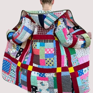 Quilted Hooded Long Coat Made from a Vintage Crazy Quilt Within Blocks Patchwork Pattern Hand Stitched Quilt image 5