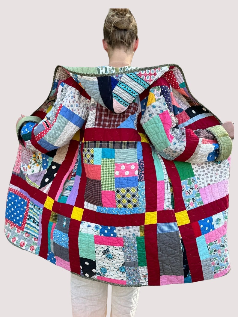 Quilted Hooded Long Coat Made from a Vintage Crazy Quilt Within Blocks Patchwork Pattern Hand Stitched Quilt image 5