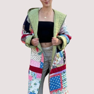 Quilted Hooded Long Coat Made from a Vintage Crazy Quilt Within Blocks Patchwork Pattern Hand Stitched Quilt image 1