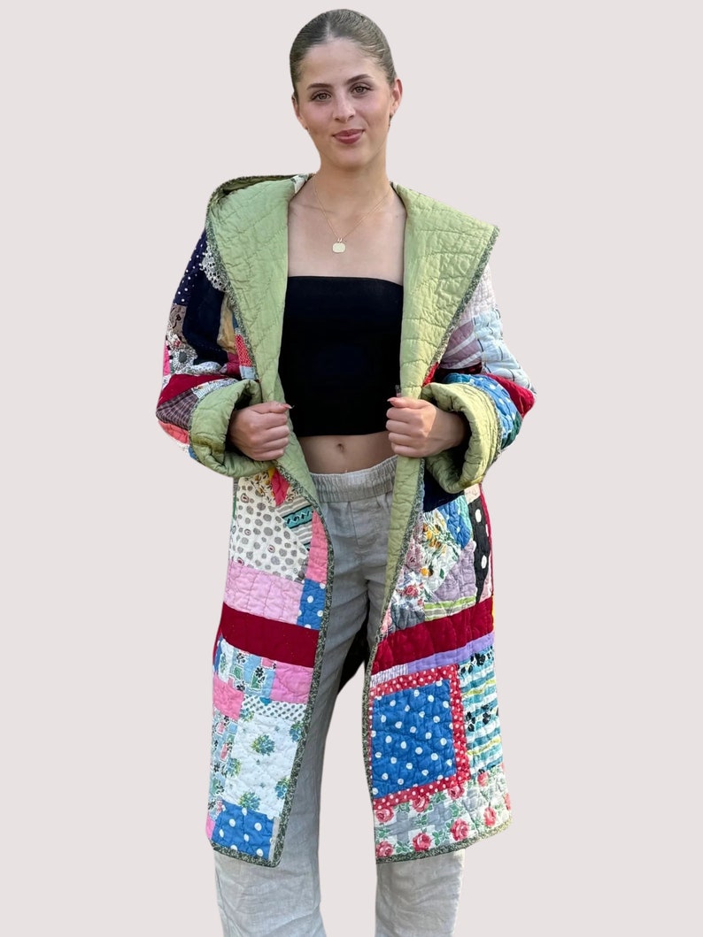 Quilted Hooded Long Coat Made from a Vintage Crazy Quilt Within Blocks Patchwork Pattern Hand Stitched Quilt image 1