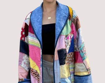 Patchwork Quilted Jacket Made from a Vintage Silks, Satins, and Velvet “Crazy Quilt” Patchwork Style Quilt