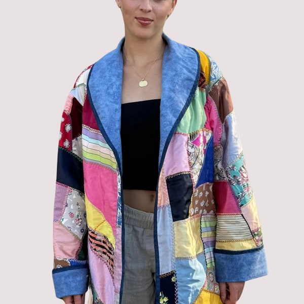 Patchwork Quilted Jacket Made from a Vintage Silks, Satins, and Velvet “Crazy Quilt” Patchwork Style Quilt