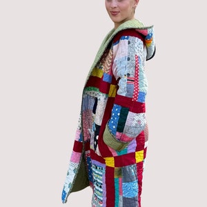 Quilted Hooded Long Coat Made from a Vintage Crazy Quilt Within Blocks Patchwork Pattern Hand Stitched Quilt image 3