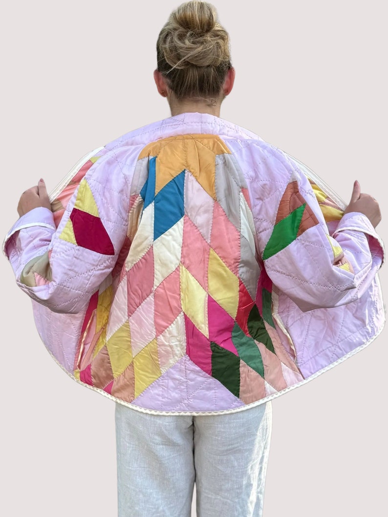 Quilted Bomber Style Jacket Made from a Vintage Satin Hand Stitched Quilt image 7