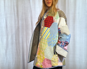 Oversized Button Up Chore Coat Made from a Vintage Hexagon Pattern Patchwork Quilt Top Perfect for Layering