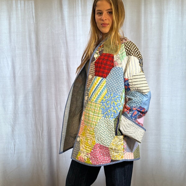 Oversized Button Up Chore Coat Made from a Vintage Hexagon Pattern Patchwork Quilt Top Perfect for Layering