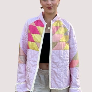 Quilted Bomber Style Jacket Made from a Vintage Satin Hand Stitched Quilt image 4