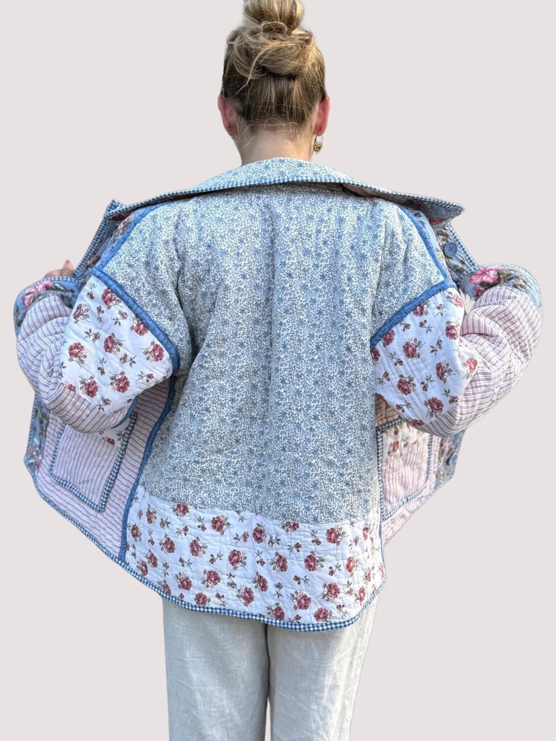 Reversible Button Up Chore Coat with Collar Made from a Vintage Patchwork Quilt image 5