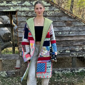 Quilted Hooded Long Coat Made from a Vintage Crazy Quilt Within Blocks Patchwork Pattern Hand Stitched Quilt image 7