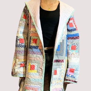 Long Hooded Coat Made from a Log Cabin Style Patchwork Vintage Quilt