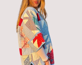 Oversized  Reversible Pullover Made from a Vintage “Maple Leaf” Patchwork Hand Stitched Quilt