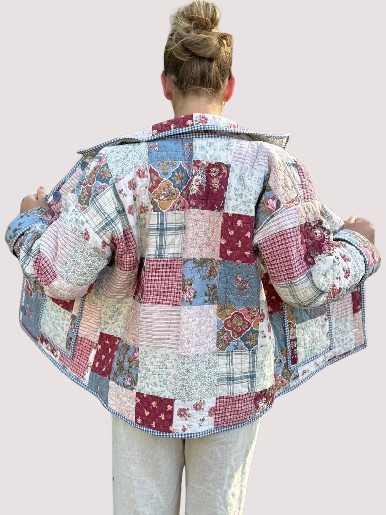 Reversible Button Up Chore Coat with Collar Made from a Vintage Patchwork Quilt image 6