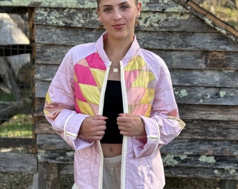 Quilted Bomber Style Jacket Made from a Vintage Satin Hand Stitched Quilt