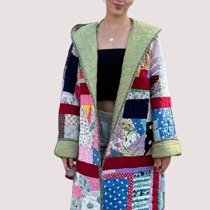 Quilted Hooded Long Coat Made from a Vintage Crazy Quilt Within Blocks Patchwork Pattern Hand Stitched Quilt image 4